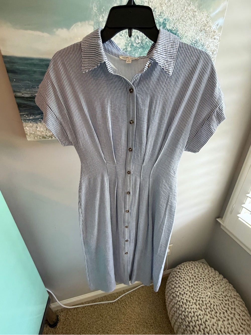 Light Blue & White Striped Midi Button-Front Pleated Shirt Dress